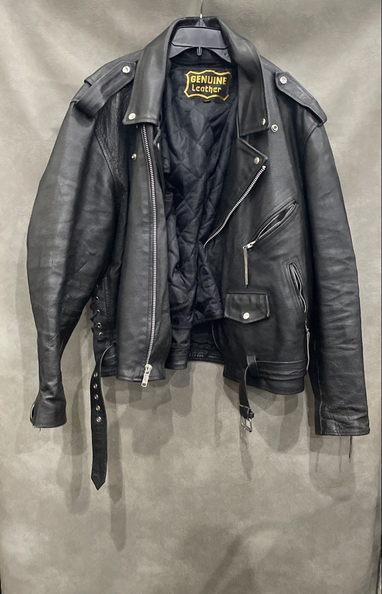 Vintage 90s Men's Black Leather Biker Motorcycle Jacket Lace Up Belted Sz 50