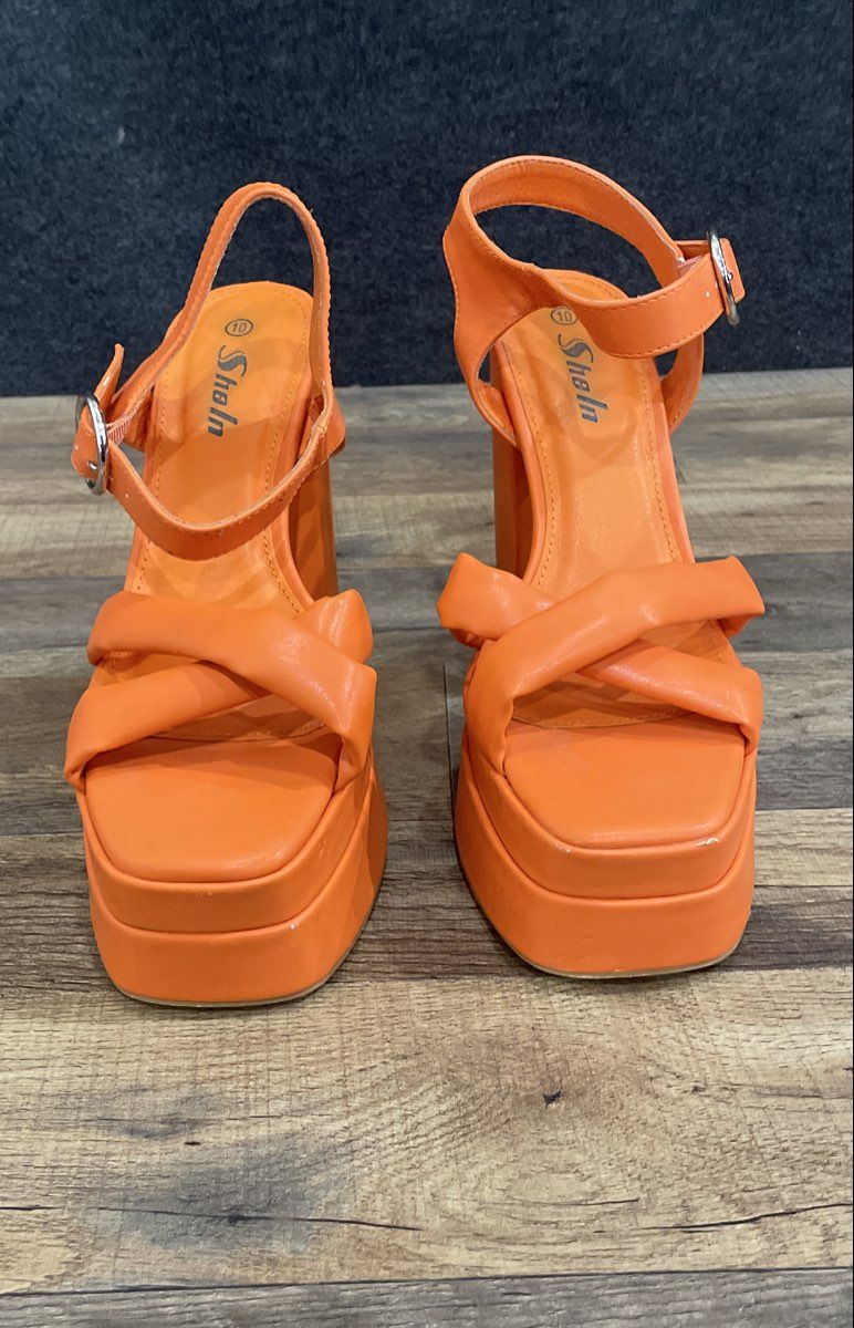 SheIn Orange Cross Strap Chunky Block Heel Platform Sandals Women's Size 10