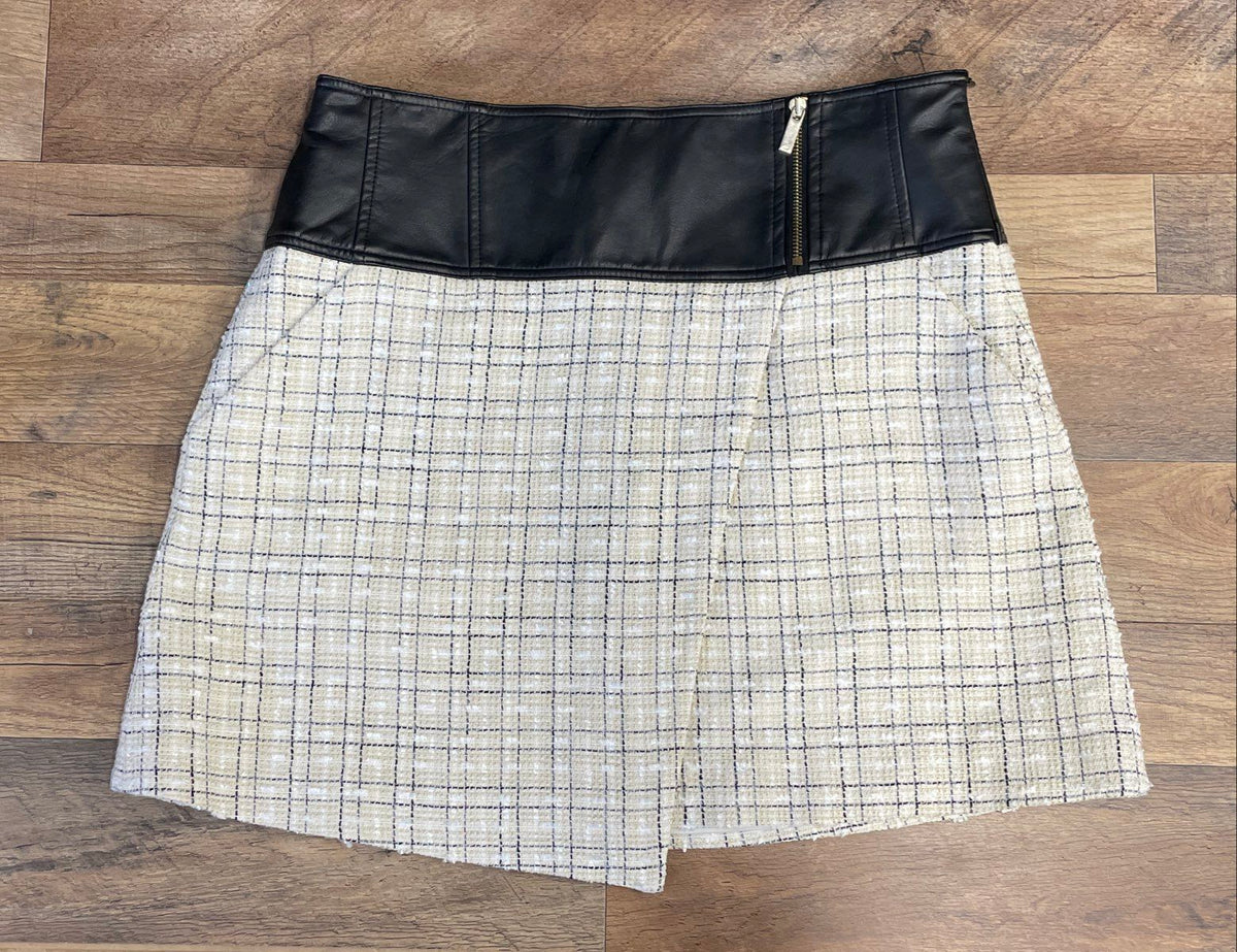 Karen Millen Black White Textured Boucle Faux Leather A-Line Skirt Sz 10 NWT