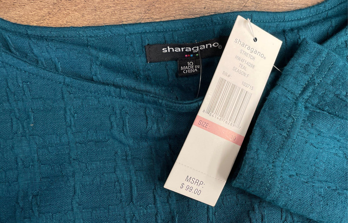 Sharagano Women's Teal Textured Stretch Sheath Dress with Belt NWT Size 10