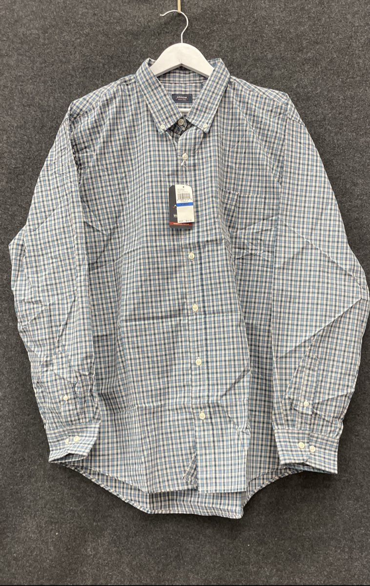 Arrow Men's Plaid Button Down Shirt Storm Blue Hamilton Poplin Wrinkle Free SzXL