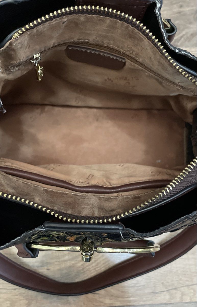 Siweiya Embossed Floral Leather Ring Handle Satchel Shoulder Bag Brown Black