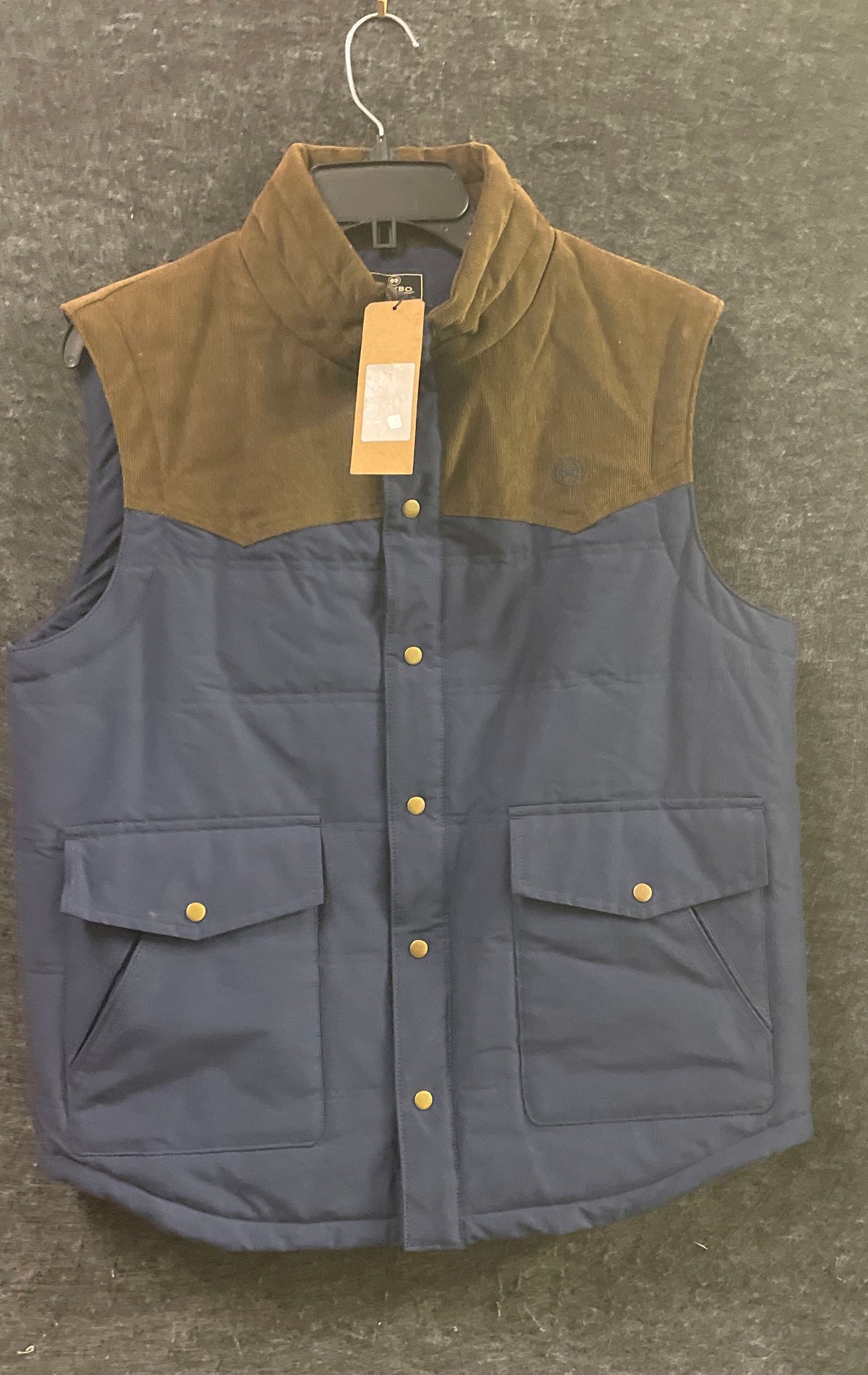 Heybo Outdoors Men's Blue Brown Quilted Corduroy Yoke Vest Sz S NWT