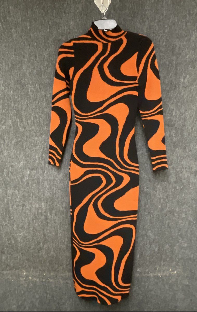 Fashion Nova Women's Black Orange Abstract Swirl Knit Midi Zip Dress Sz M