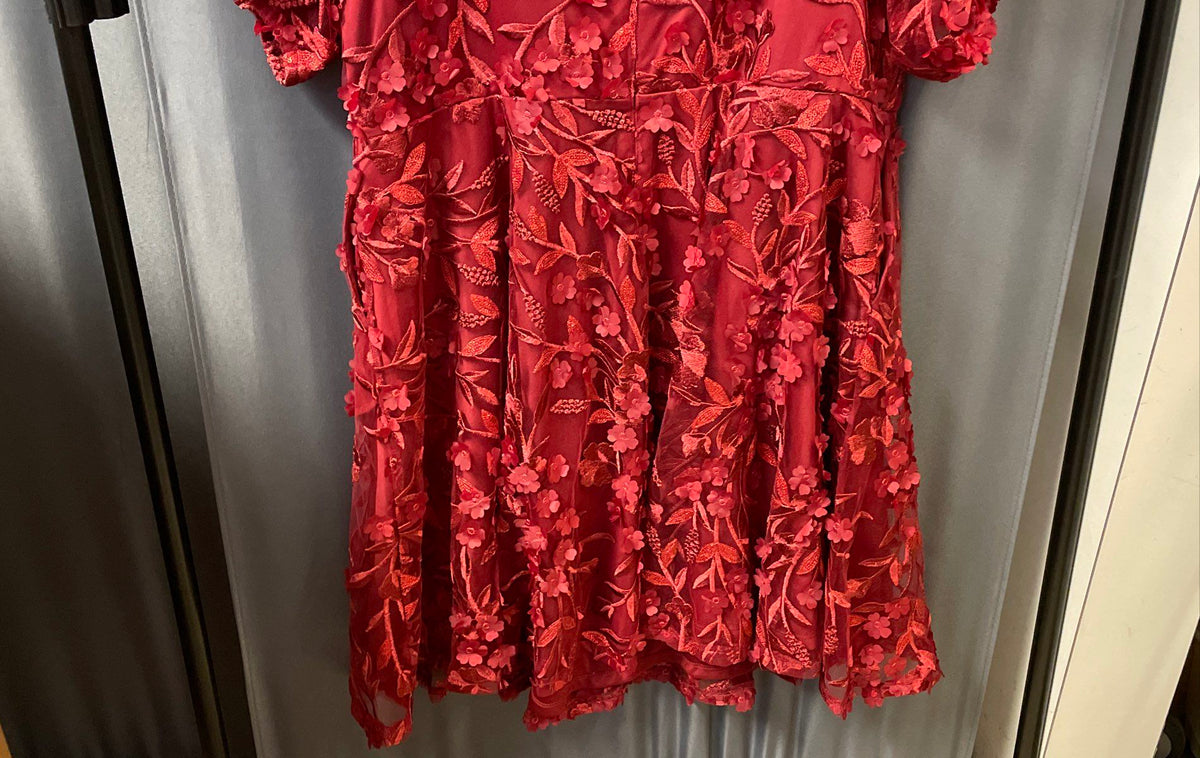 Torrid Women's Red 3D Floral Applique Mesh Puff Sleeve Party Dress Sz 18