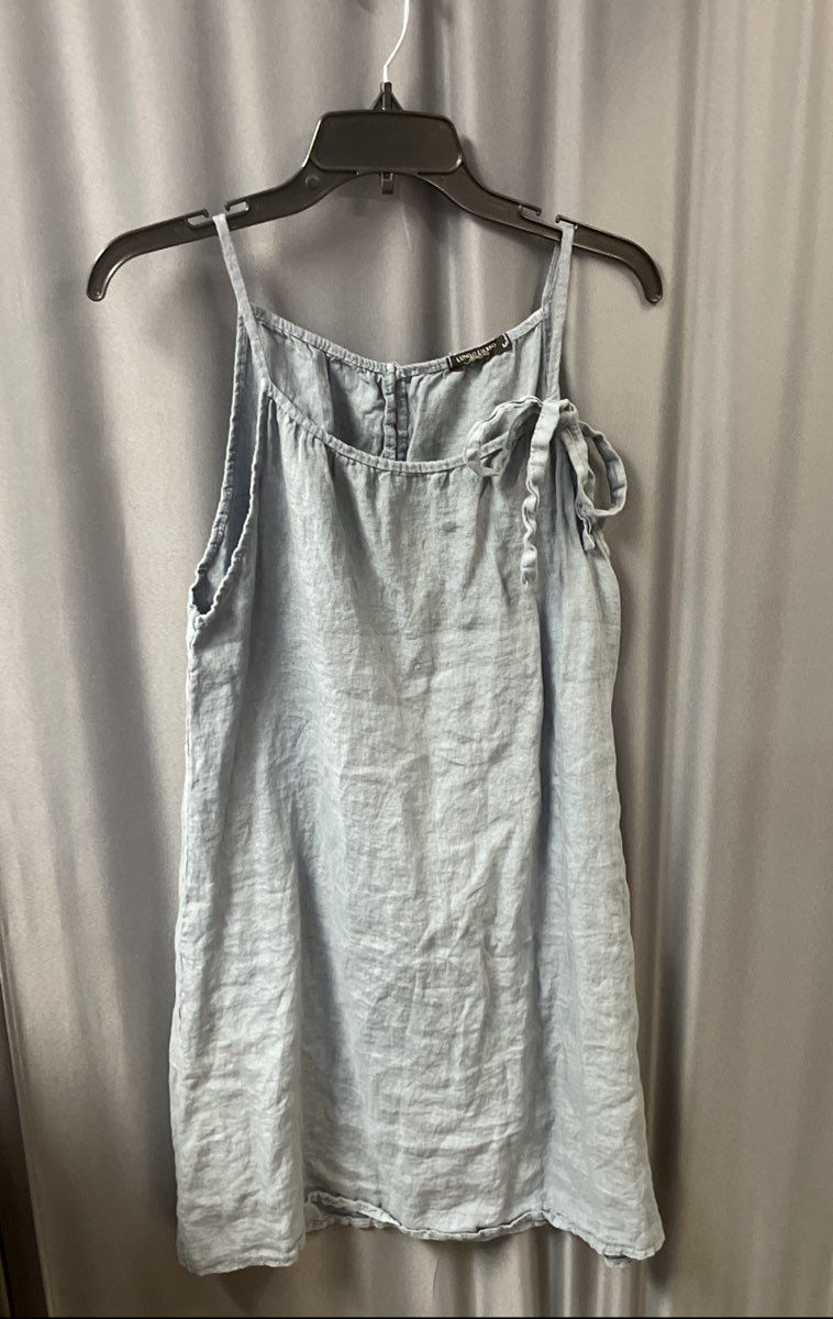 Lungo L'Arno Women's Blue 100% Linen Strap Tie Side Shift Dress Sz M Made Italy