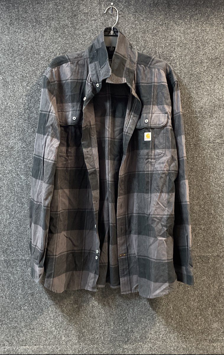 Carhartt Men's Black Gray Plaid Flannel Loose Fit Long Sleeve Shirt Sz L Tall
