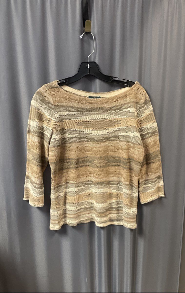 Lauren Jeans Co Ralph Lauren Women's Beige Striped Cotton Linen Knit Top Sz S