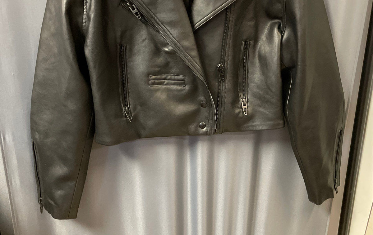 Blank NYC Women's Black Faux Leather Moto Jacket Asymmetrical Zip Cropped Sz S