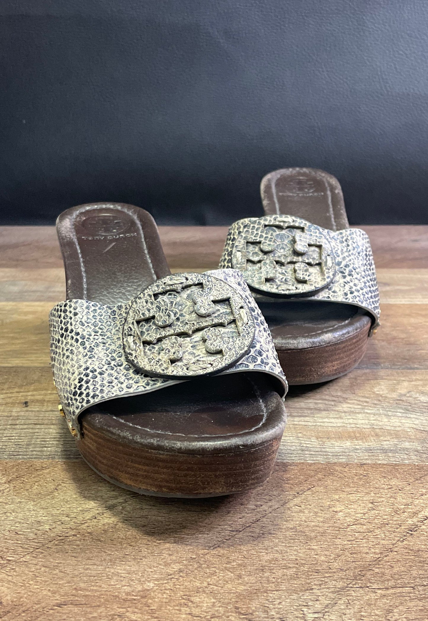 Tory Burch Snakeskin Leather Wooden Platform Wedge Slide Sandals Size 8.5