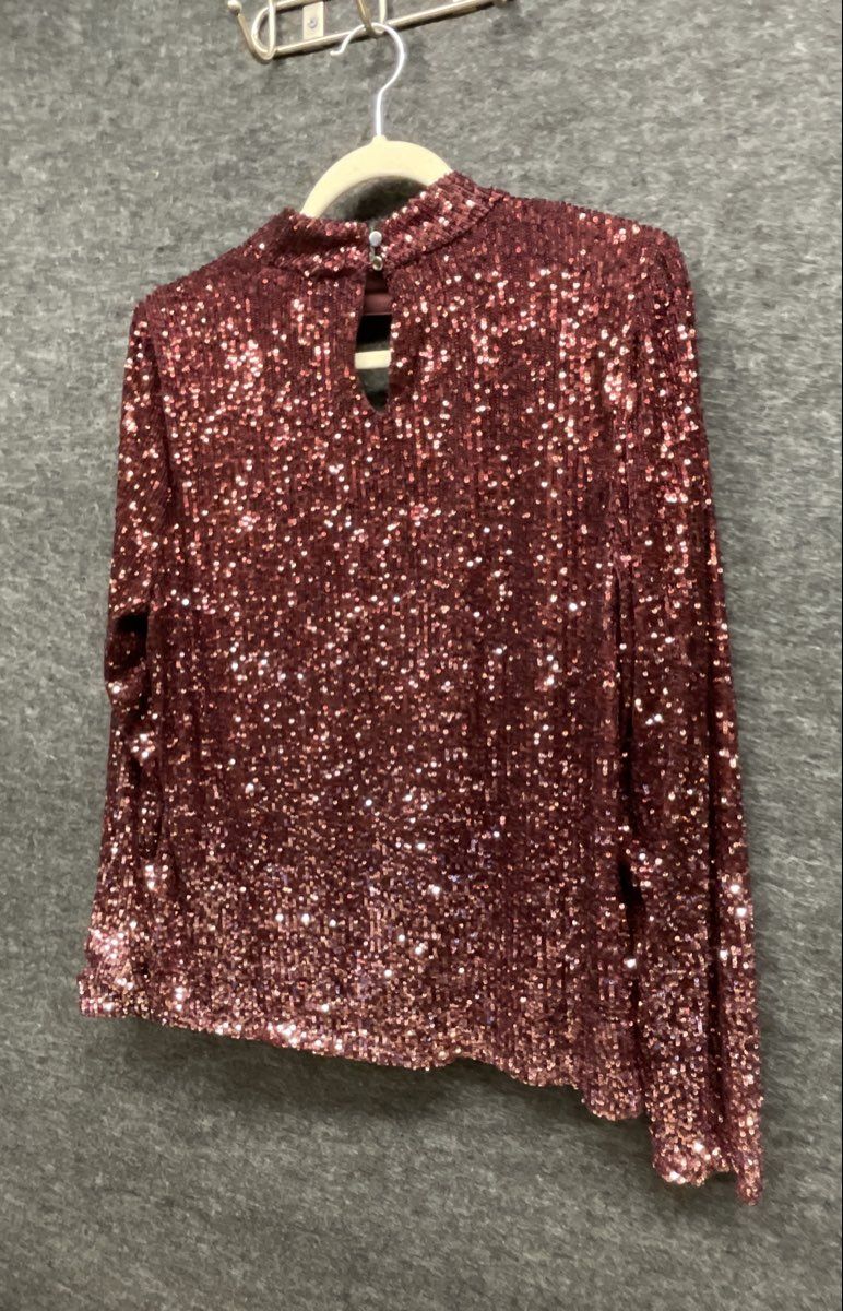 Cable & Gauge Women's Burgundy Mock Neck Sequin Keyhole Long Sleeve Top Sz XL