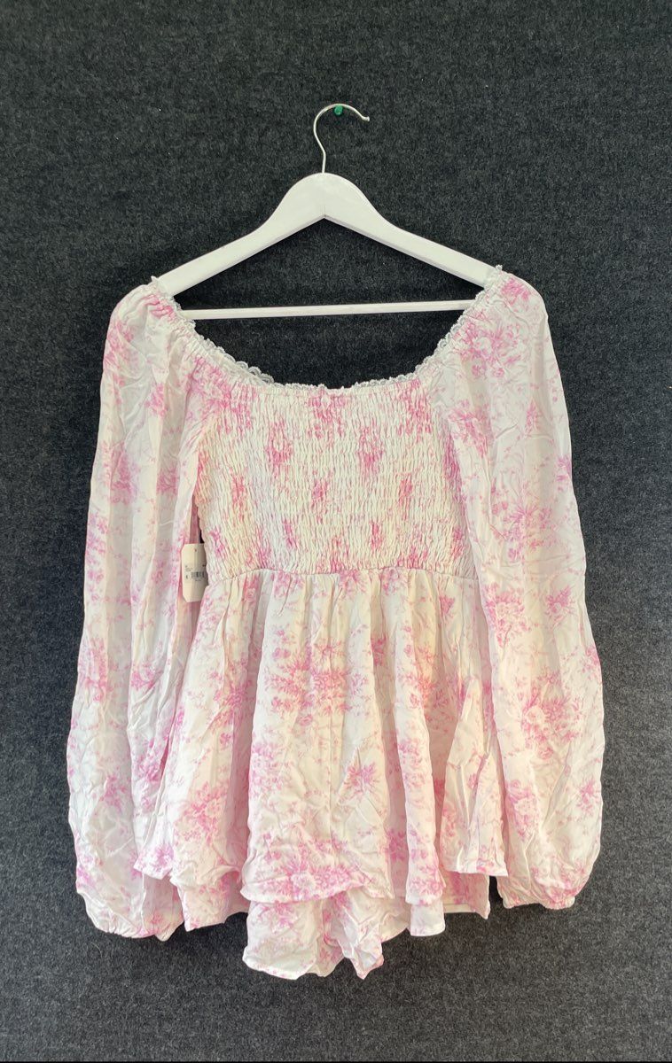 Altar'd State Women's Floral Smocked Romper Ivory Pink Long Sleeve NWT Sz S