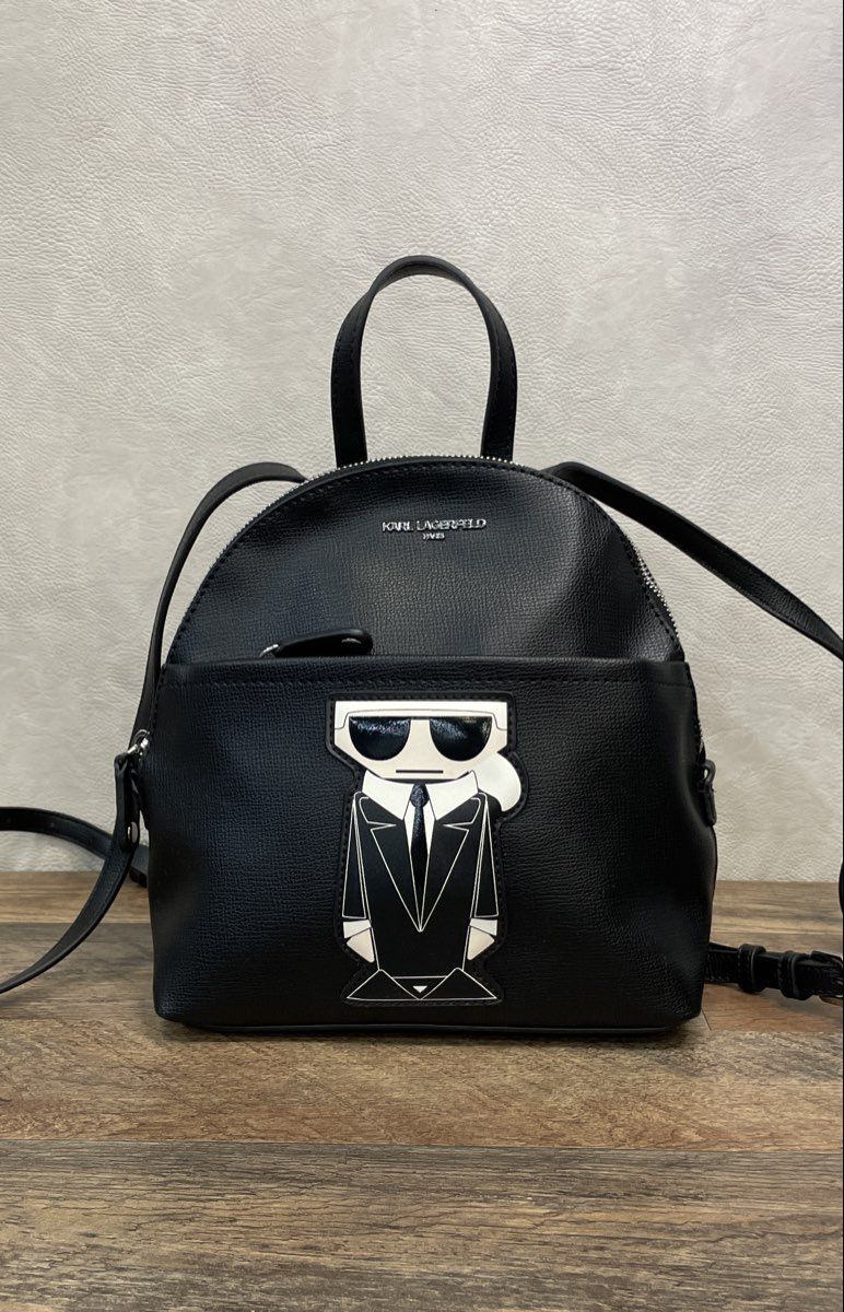 Karl Lagerfeld Paris Black Maybelle Backpack Caricature Patch Silver Hardware