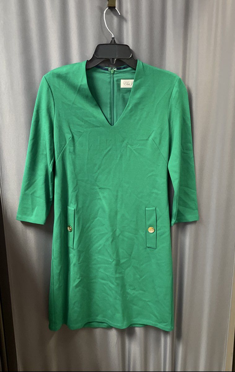 Eliza J Women's Green V-Neck 3/4 Sleeve Button Detail Sheath Dress Size 4