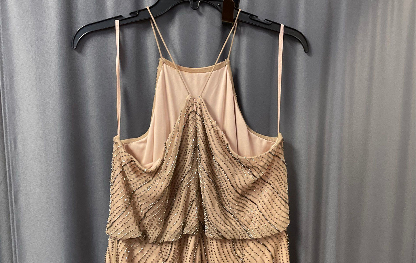 Adrianna Pappel Women's Tan Champagne Beaded Sequined Halter Gown Dress Sz 14P
