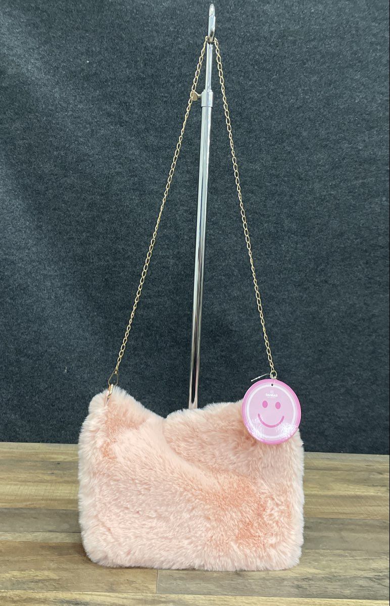 Danbar Pink Fuzzy Faux Fur Smiley Face Shoulder Bag Gold Chain Strap NWT