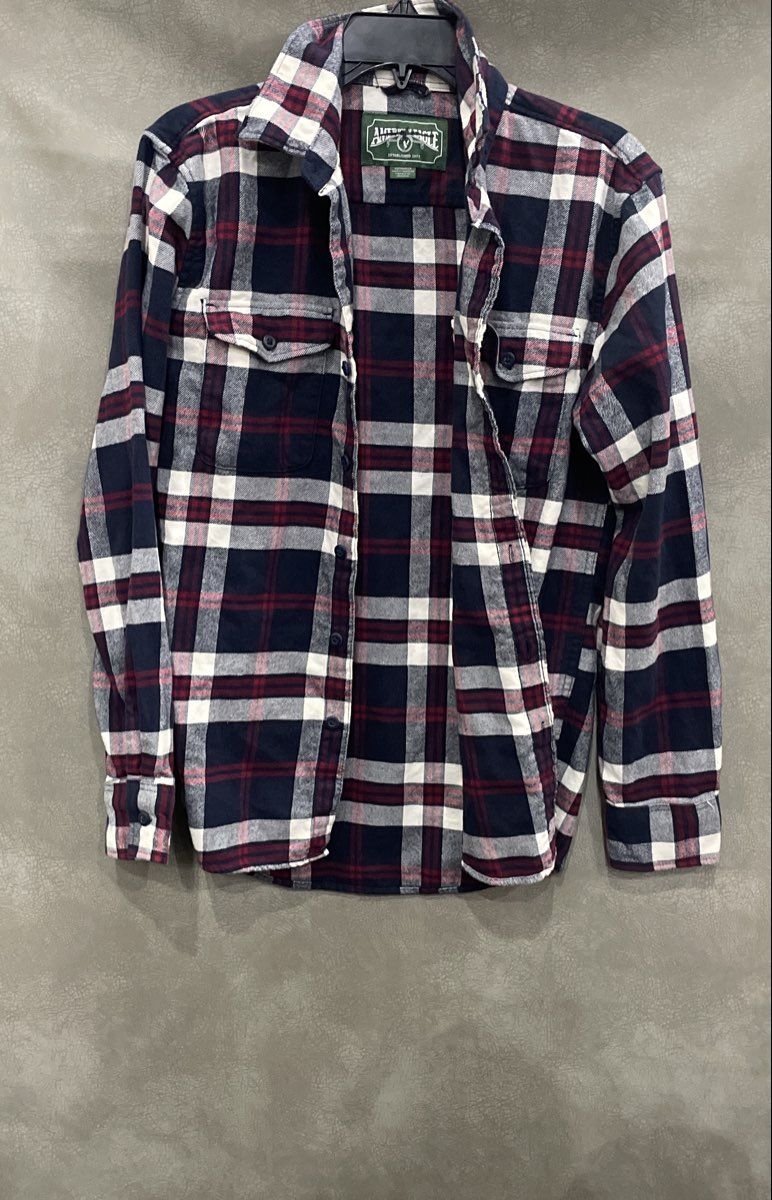 American Eagle Men's Navy Red White Plaid Cotton Button Up Flannel Shirt Sz XS
