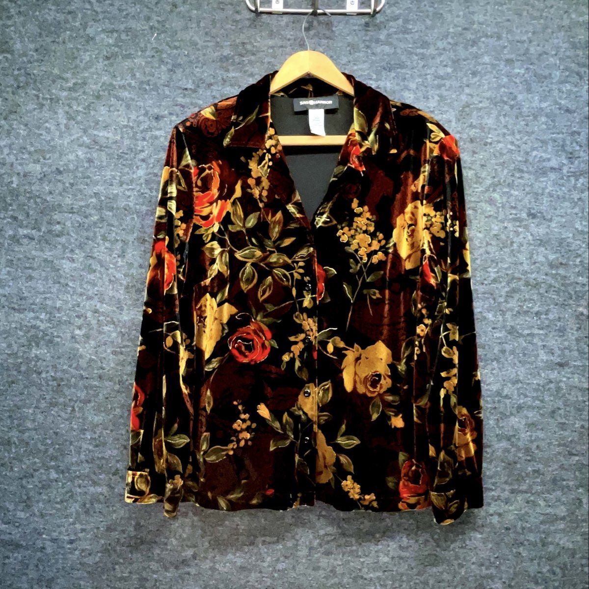 Vintage 90s Jones & Co Women's Floral Velvet Button Up Blouse Gold Sz L