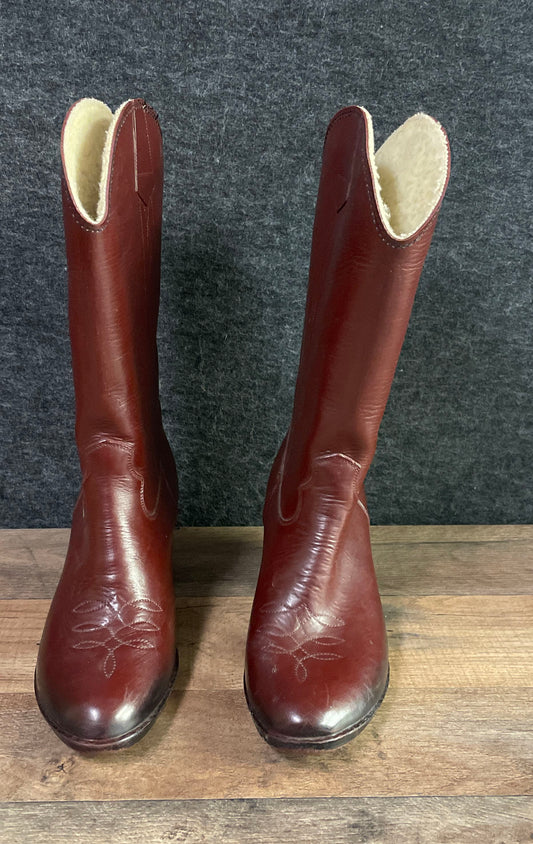 Vintage USA Made Burgundy Faux Leather Sherpa Lined Cowboy Boots Womens Size 7