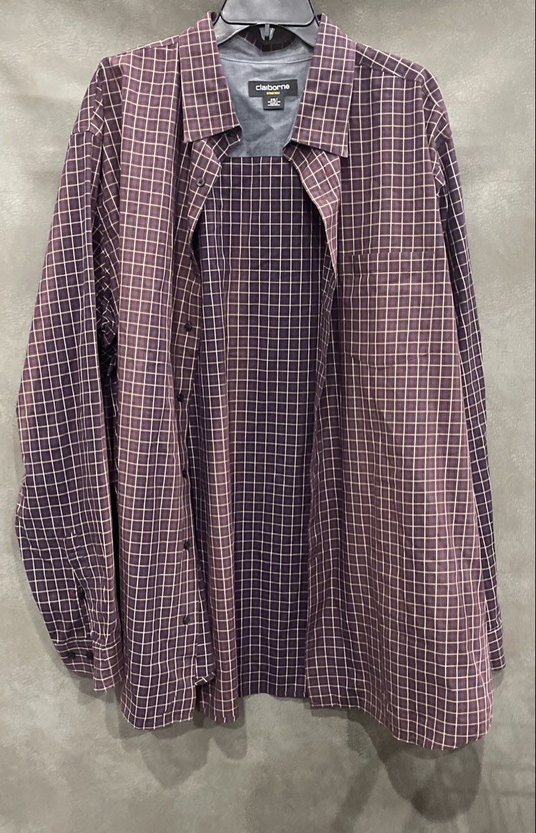 Claiborne Men's Purple Windowpane Stretch Long Sleeve Button Up Shirt Sz 2XLT