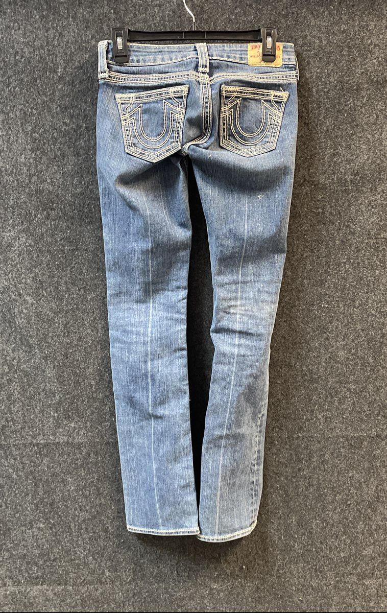 True Religion Women's Blue Contrast Stitch Low Rise Jeans Vintage Y2K Sz 24