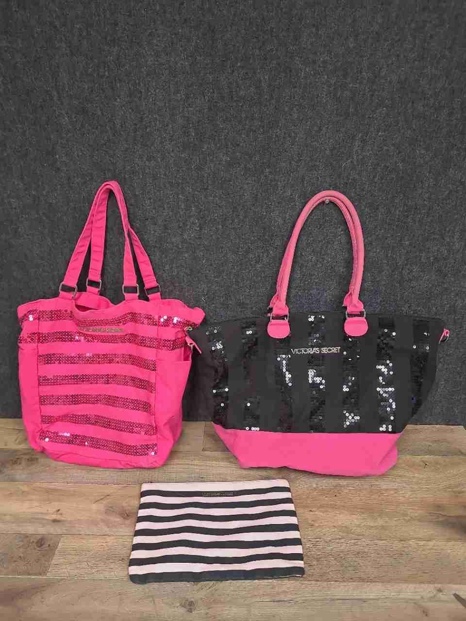 Victoria's Secret Sequin Canvas Tote Bags Striped Pouch Pink Black Lot of 3