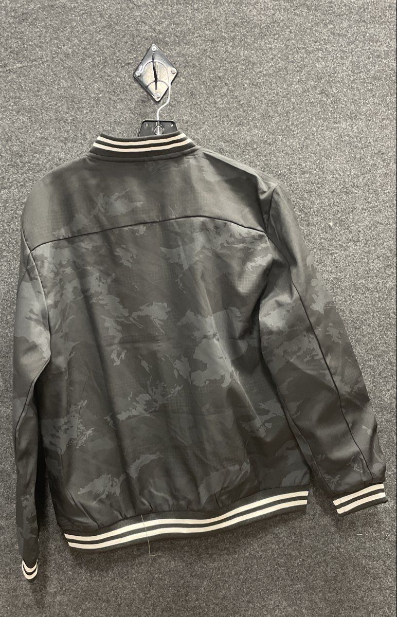 Men's Black Camo Bomber Jacket Striped Ribbed Trim Full Zip Pockets NWT