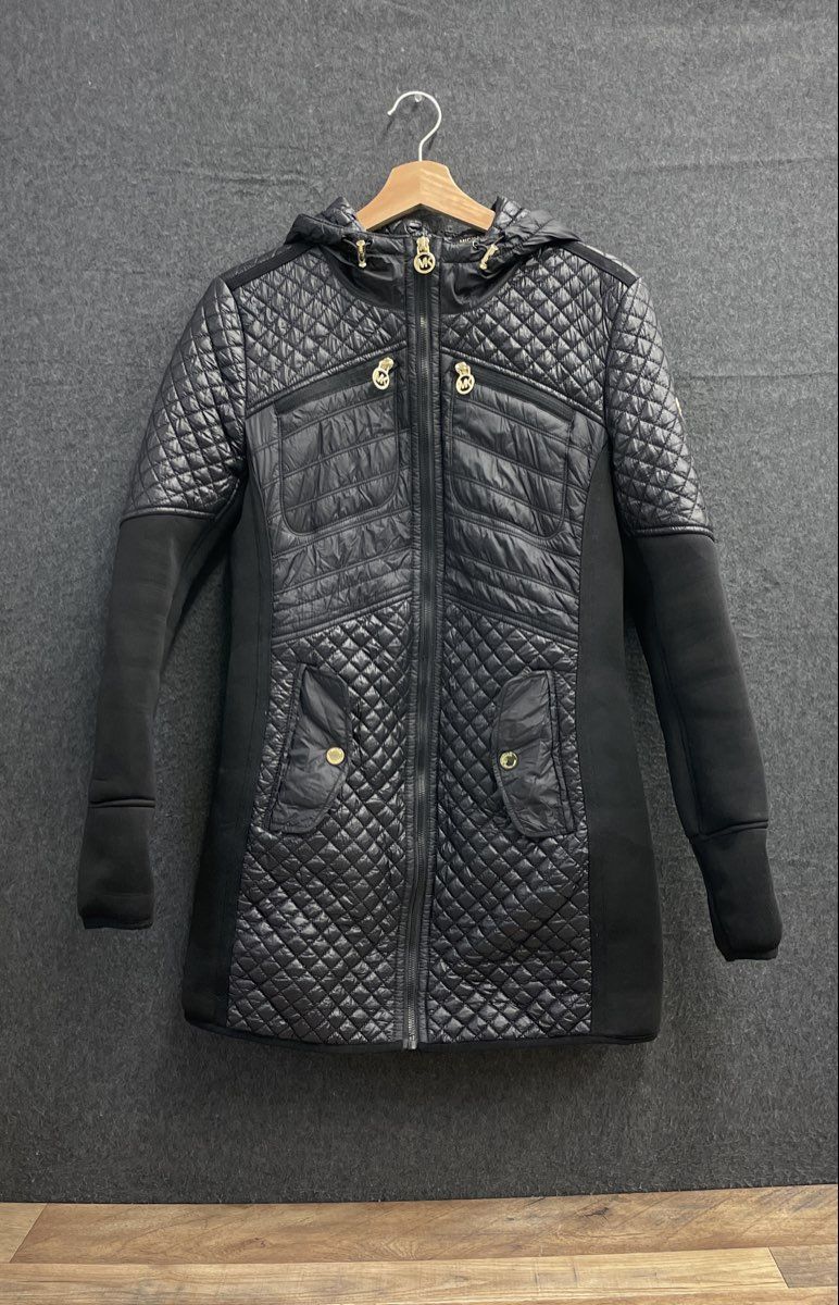 Michael Kors Women's Black Quilted Hooded Jacket Gold Hardware Mixed Media M