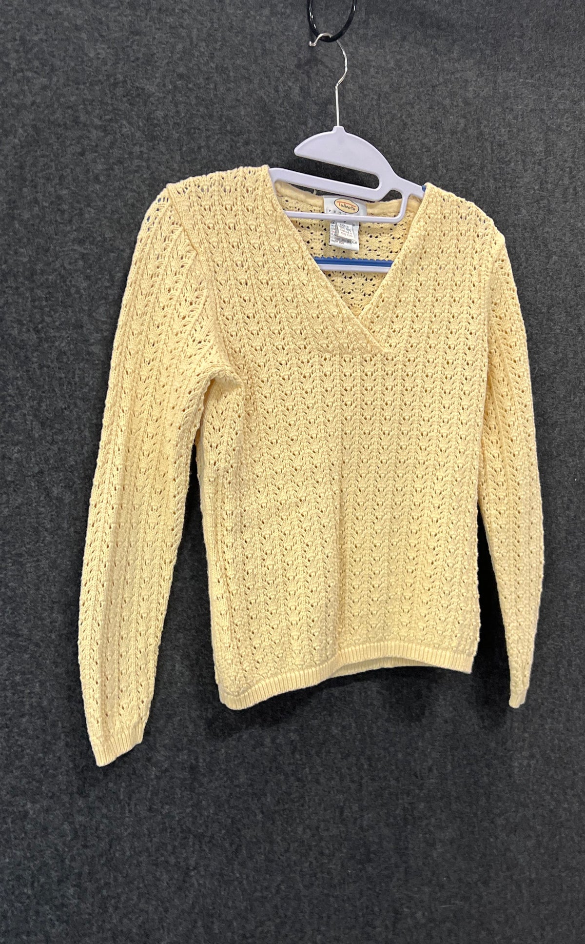 Talbots Women's Vintage 90s Yellow Open Knit Cotton V-Neck Sweater Sz Petite P