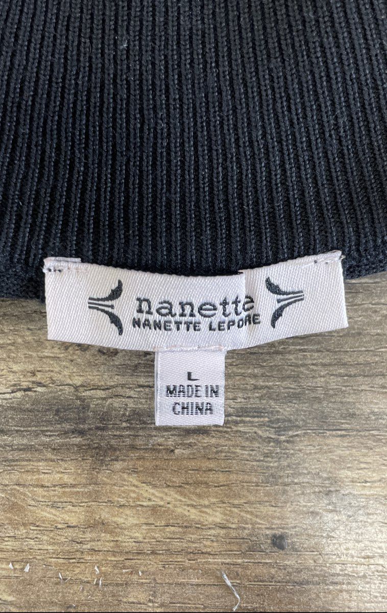 Nanette Lepore Women's Black Ribbed Knit Mock Neck Shoulder Button Dress Sz L