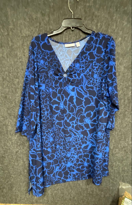 Susan Graver Women's Blue Black Floral Print V-Neck Knot Detail Top Sz 2X