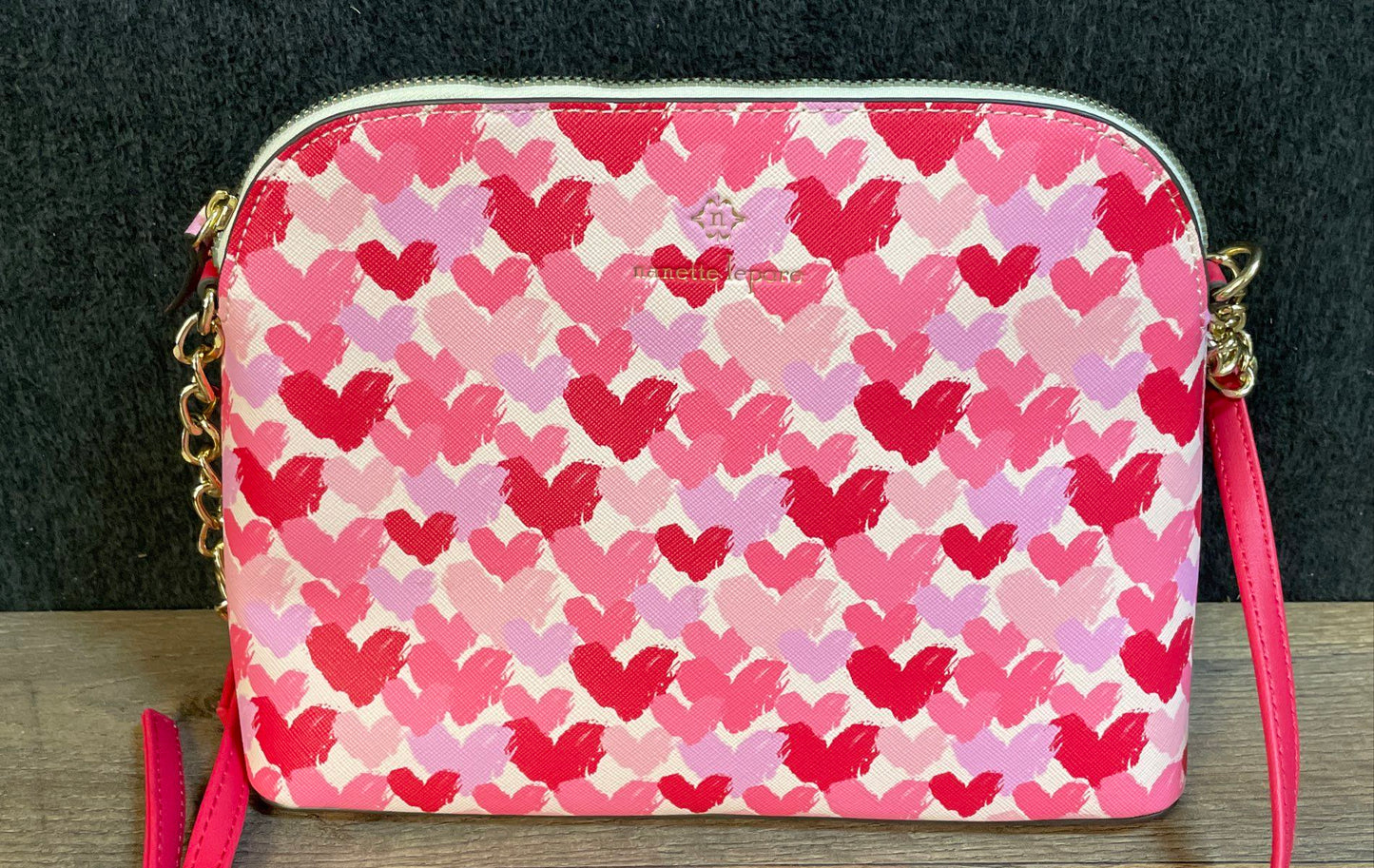 Nanette Lepore Pink Red Heart Pattern Dome Crossbody Bag Gold Hardware