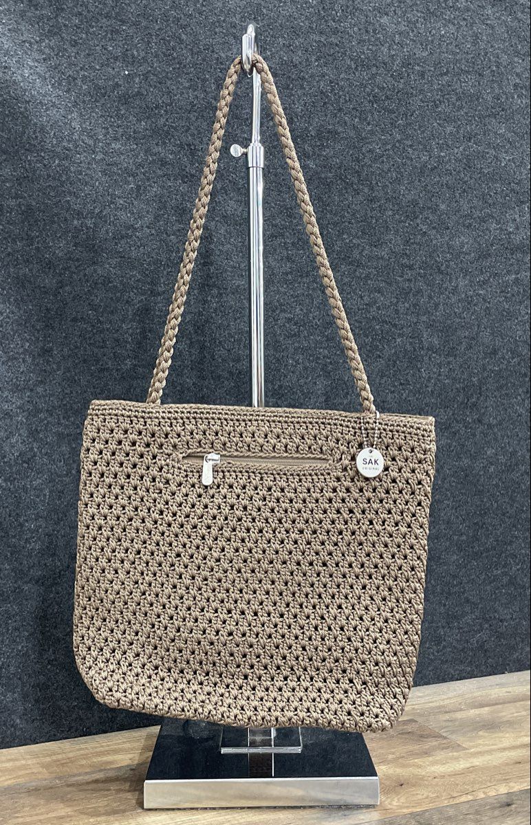 The Sak Brown Crochet Woven Shoulder Bag Handbag Purse Silver Tone Hardware