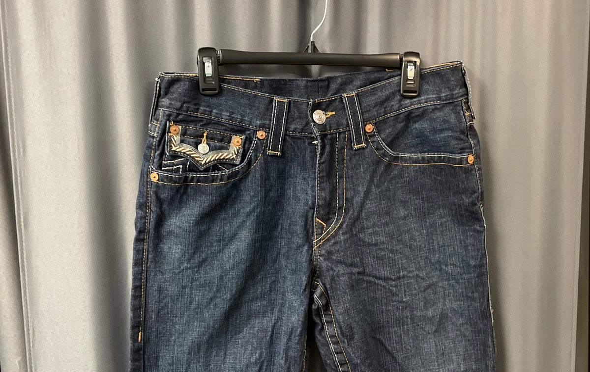 True Religion Men's Blue Slim Fit Embroidered Flap Pocket Denim Jeans Sz 38