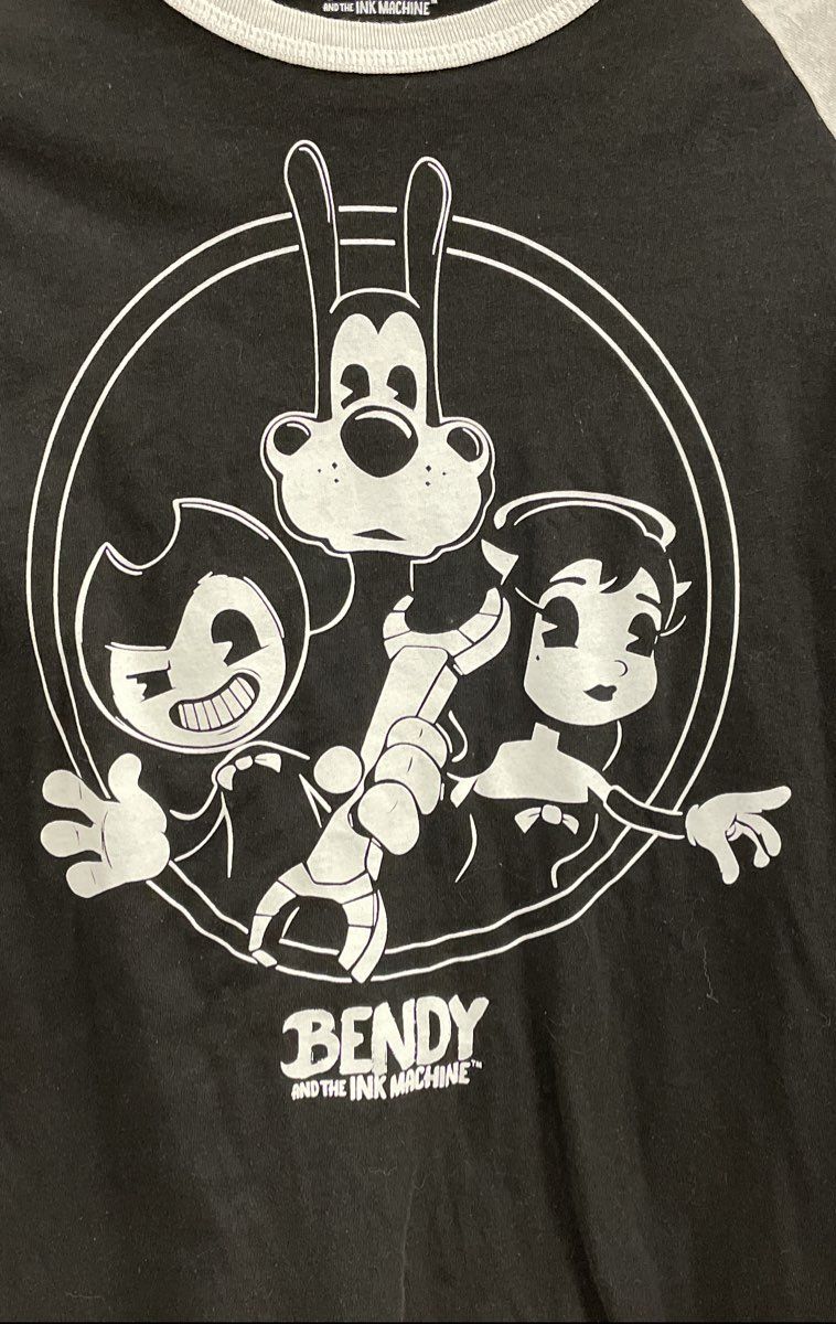 Bendy and the Ink Machine Men's Black White Raglan 3/4 Sleeve Graphic Shirt XL