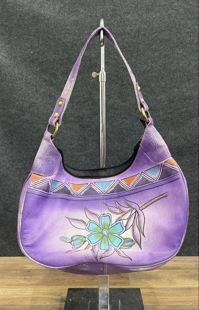 Vintage Purple Hand Painted Leather Floral Geometric Hobo Shoulder Bag