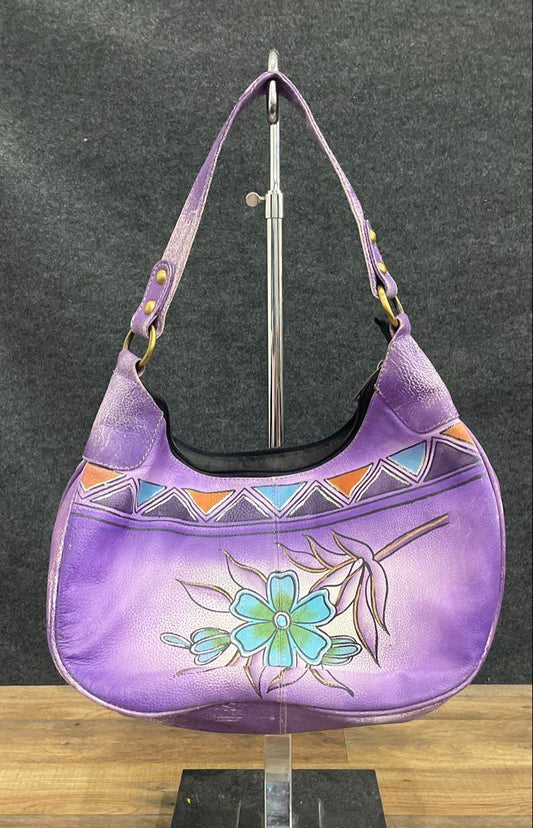 Vintage Purple Hand Painted Leather Floral Geometric Hobo Shoulder Bag