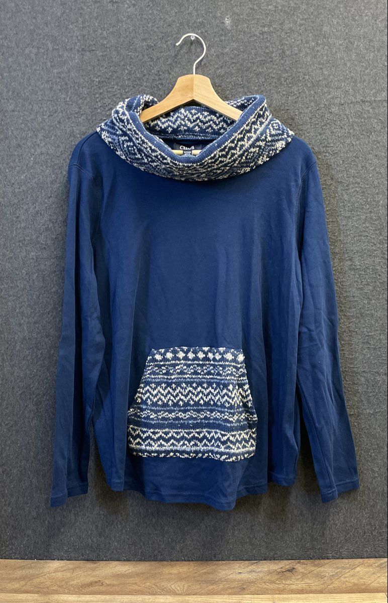 Chaps Women's Main Cabin Blue Knit Cowl Neck Pullover Kangaroo Pocket NWT 1X
