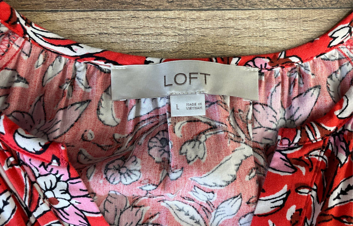 LOFT Women's Red Floral Button Up Tiered Ruffled Hem Midi Dress Sz L