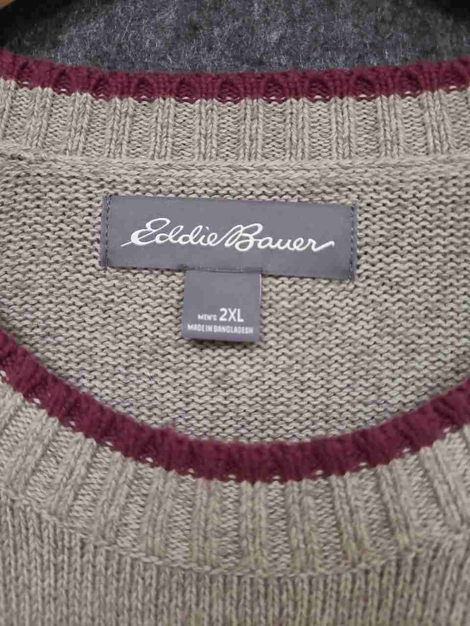 Eddie Bauer Men's Beige 100% Cotton Crewneck Sweater Burgundy Trim Sz 2XL