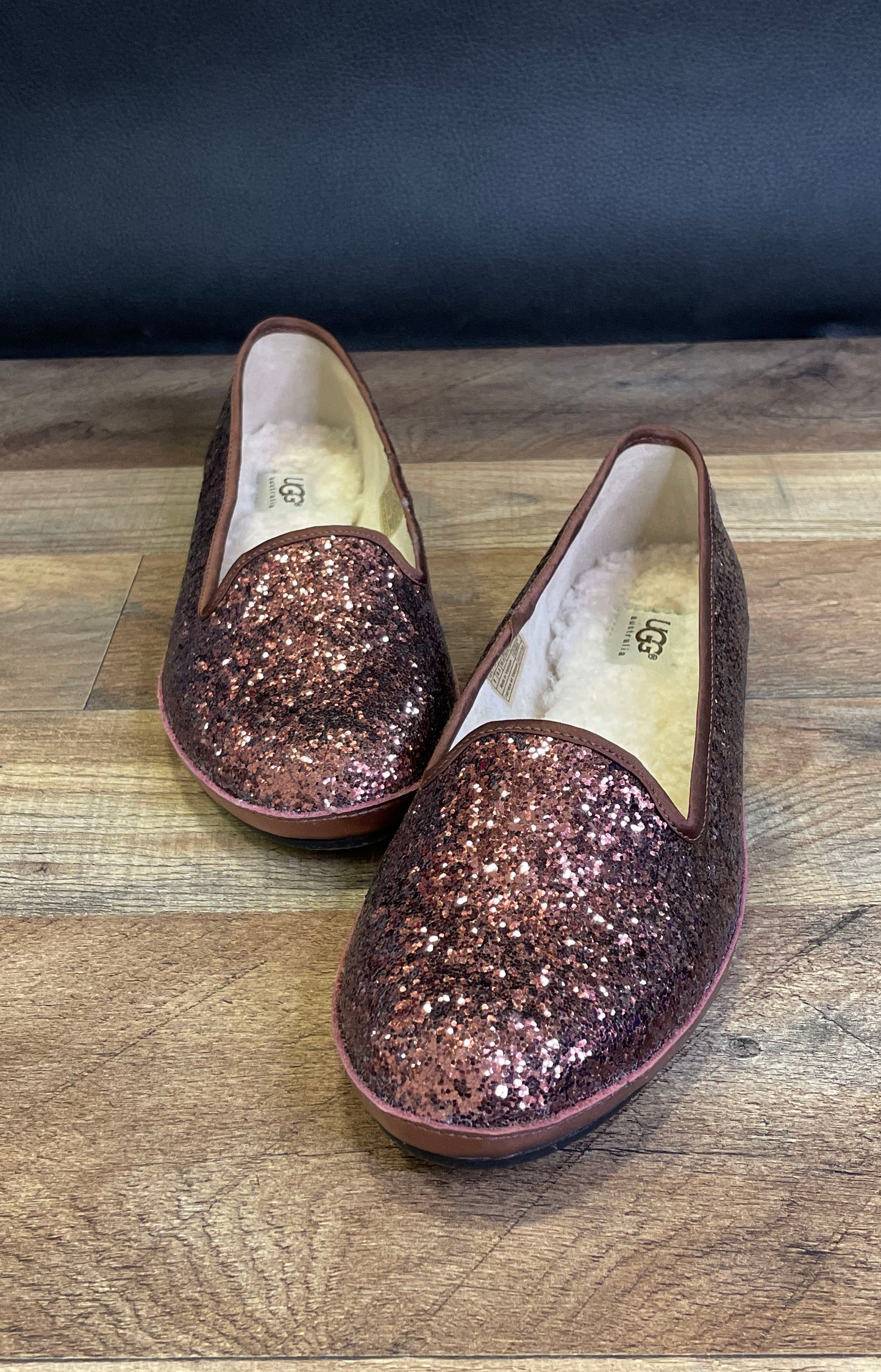 UGG Alloway Glitter Bronze Rose Gold Smoking Flat Loafers Women's Size 8