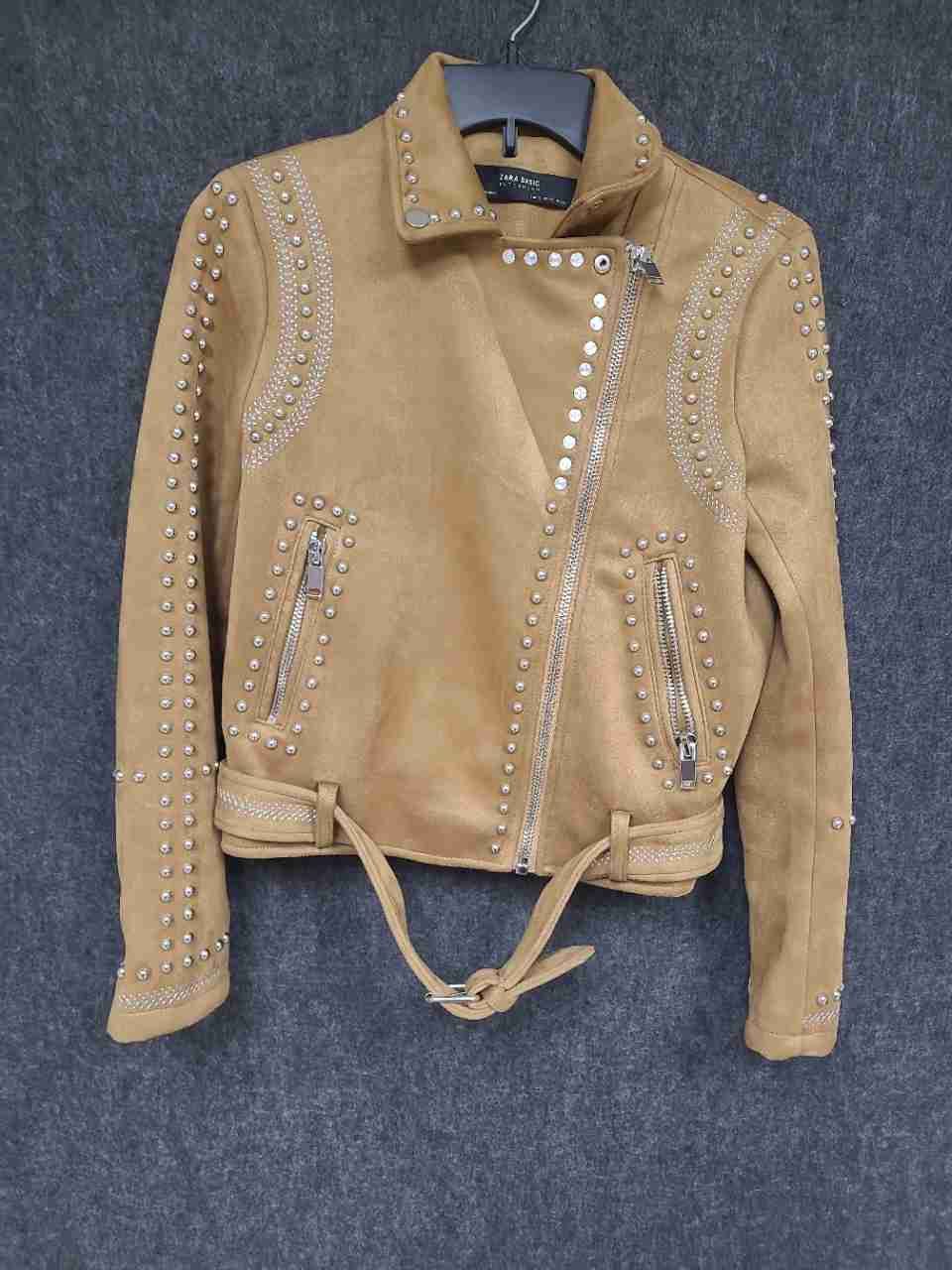Zara Women's Tan Faux Suede Studded Asymmetric Biker Moto Jacket Belted Sz S
