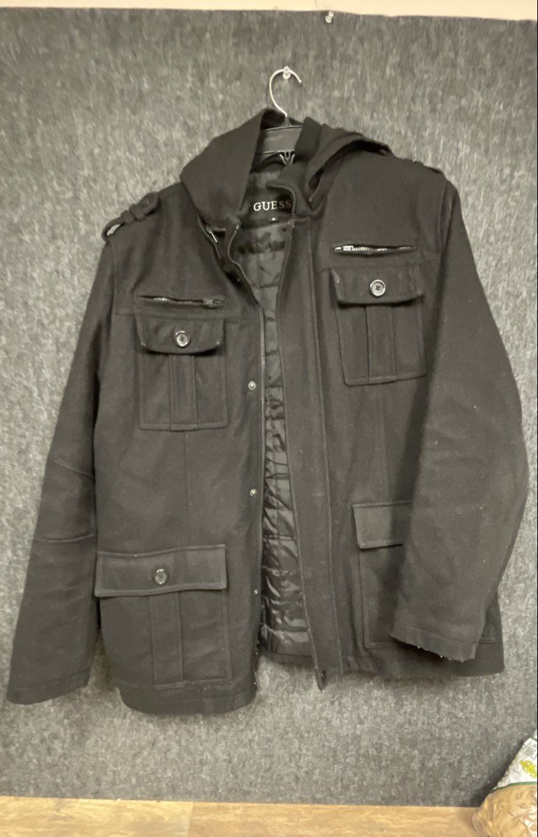 Guess Men's Black Hooded Military Utility Field Jacket Quilted Lining Sz XL
