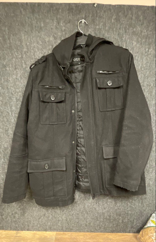 Guess Men's Black Hooded Military Utility Field Jacket Quilted Lining Sz XL