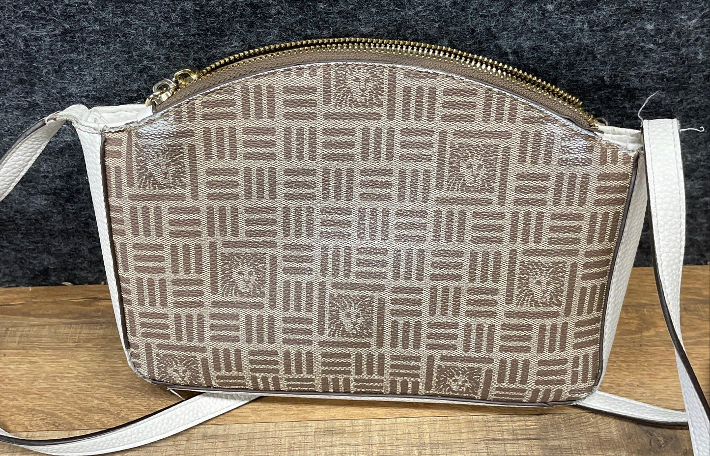 Anne Klein White Gold Monogram Crossbody Bag Gold Hardware Lion Logo