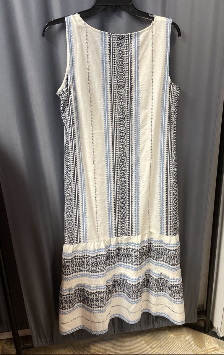 J. Jill Women's White Blue Geometric Sleeveless Tiered Sheath Dress Size MP