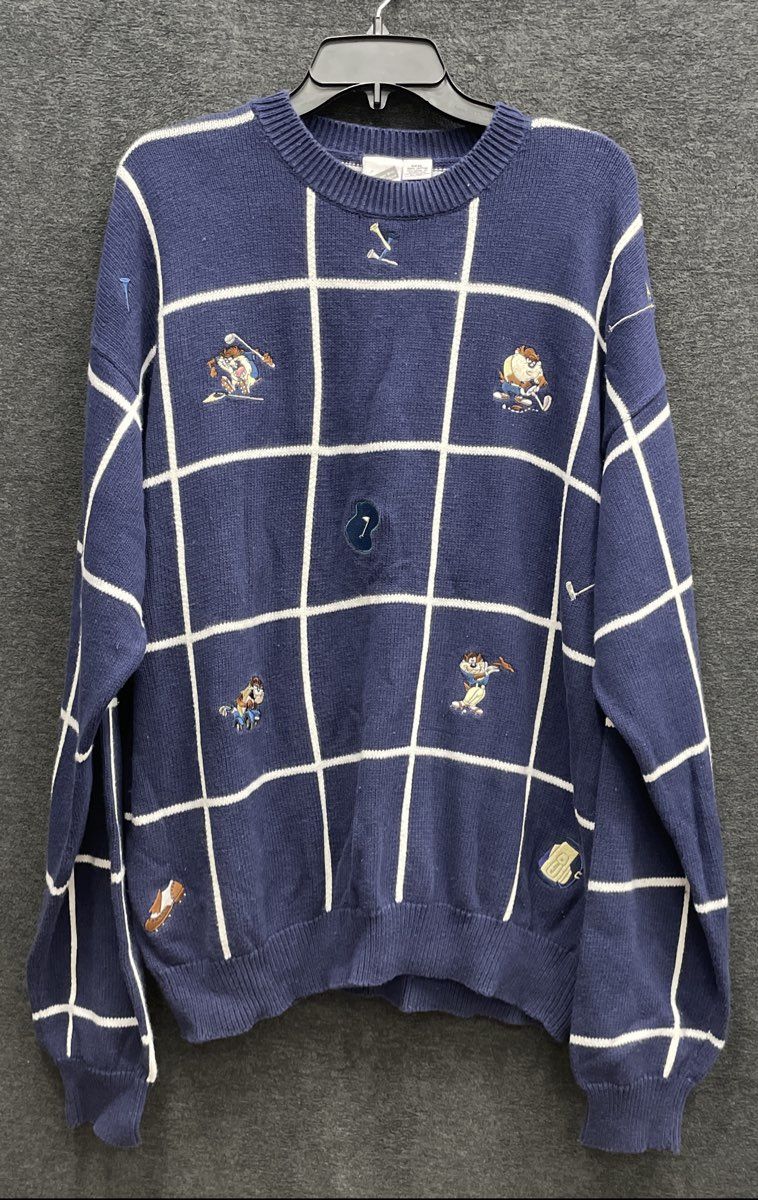 Vintage 90s Warner Bros Men's Taz Looney Tunes Golfing Sweater Blue Sz XXXL