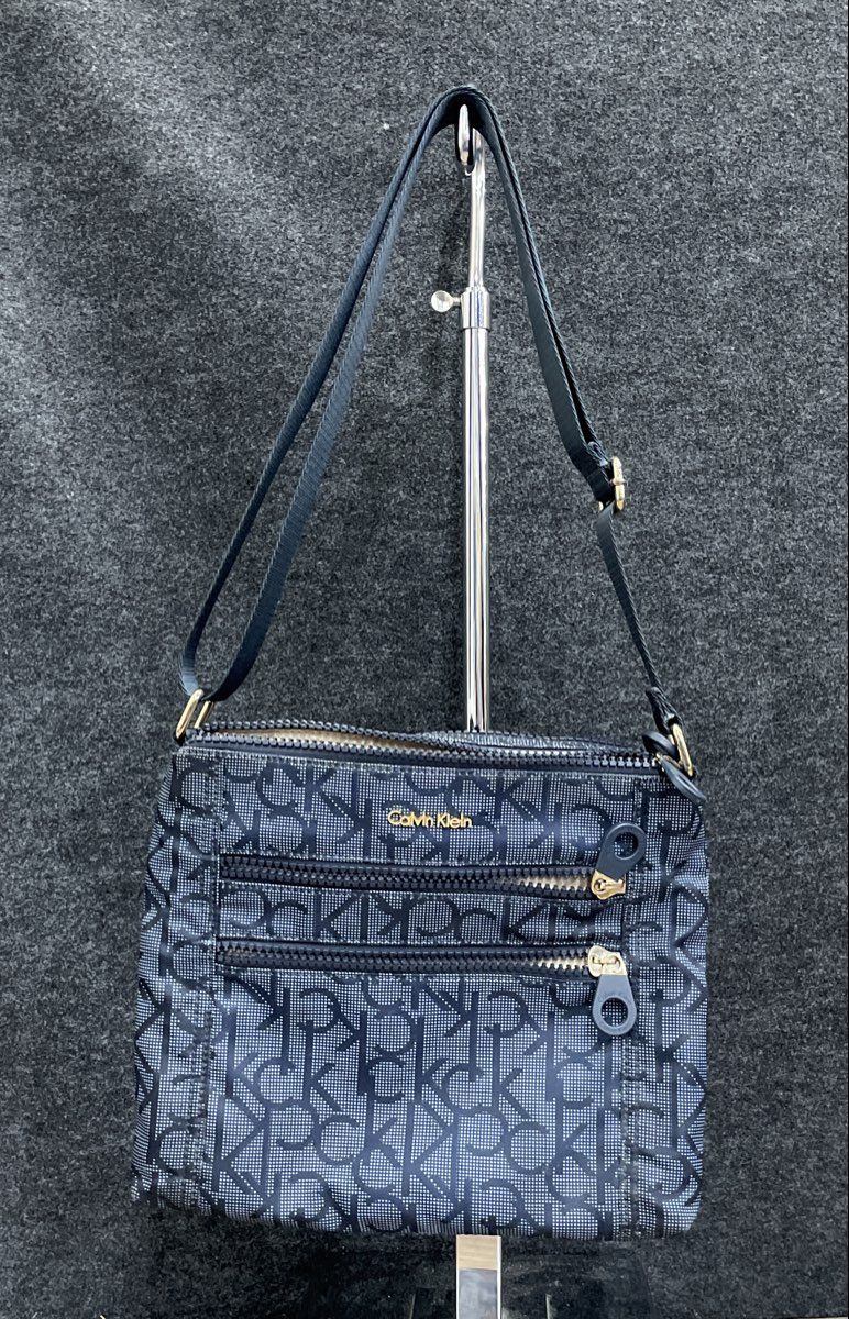 Calvin Klein Blue Monogram Triple Zip Crossbody Bag Gold Tone Hardware