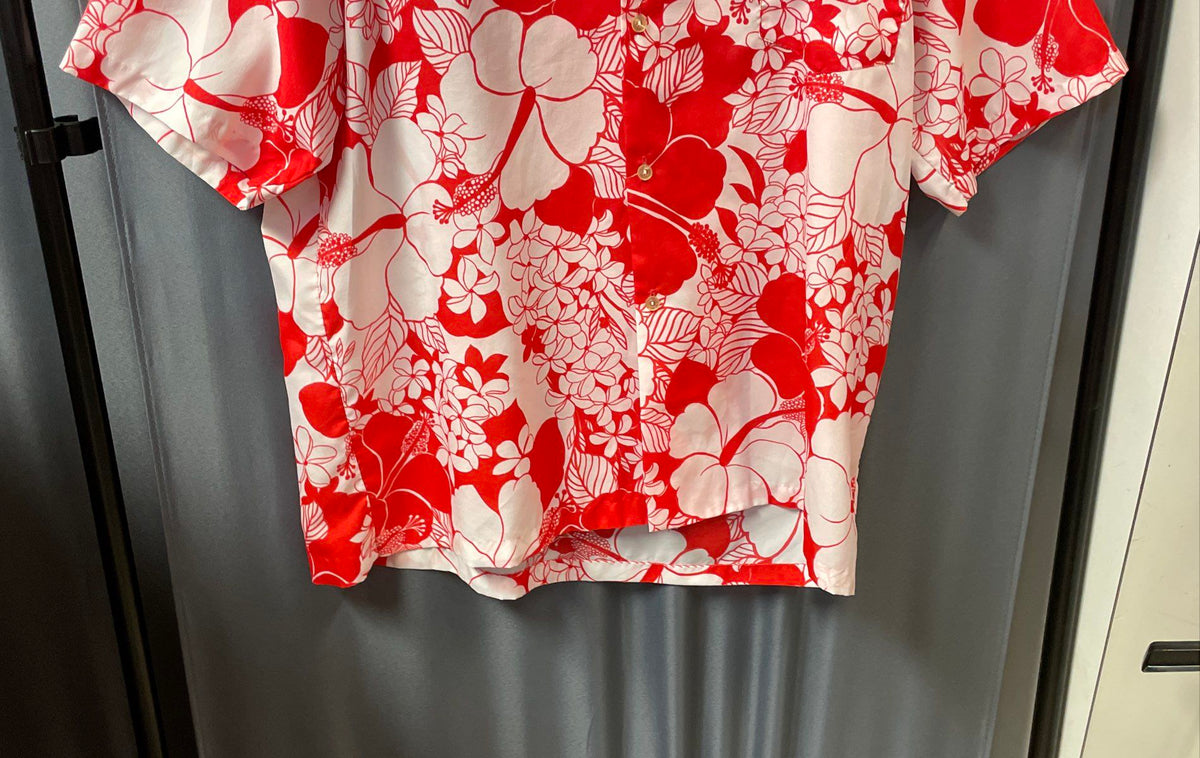 Vintage 90s Pomare Hawaii Men's Red Hibiscus Floral Aloha Shirt Sz L/XL