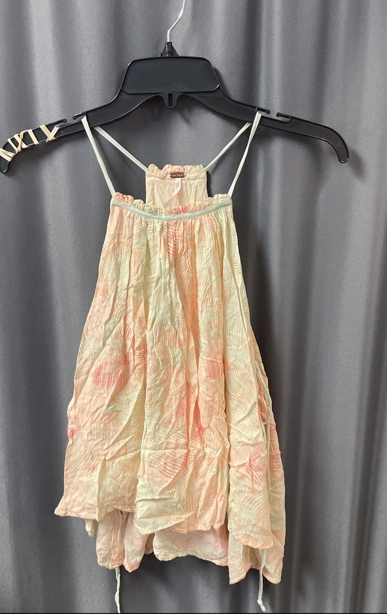 Free People Women's Peach Green Dotted Ruffle Halter Blouse Rayon Top Sz S